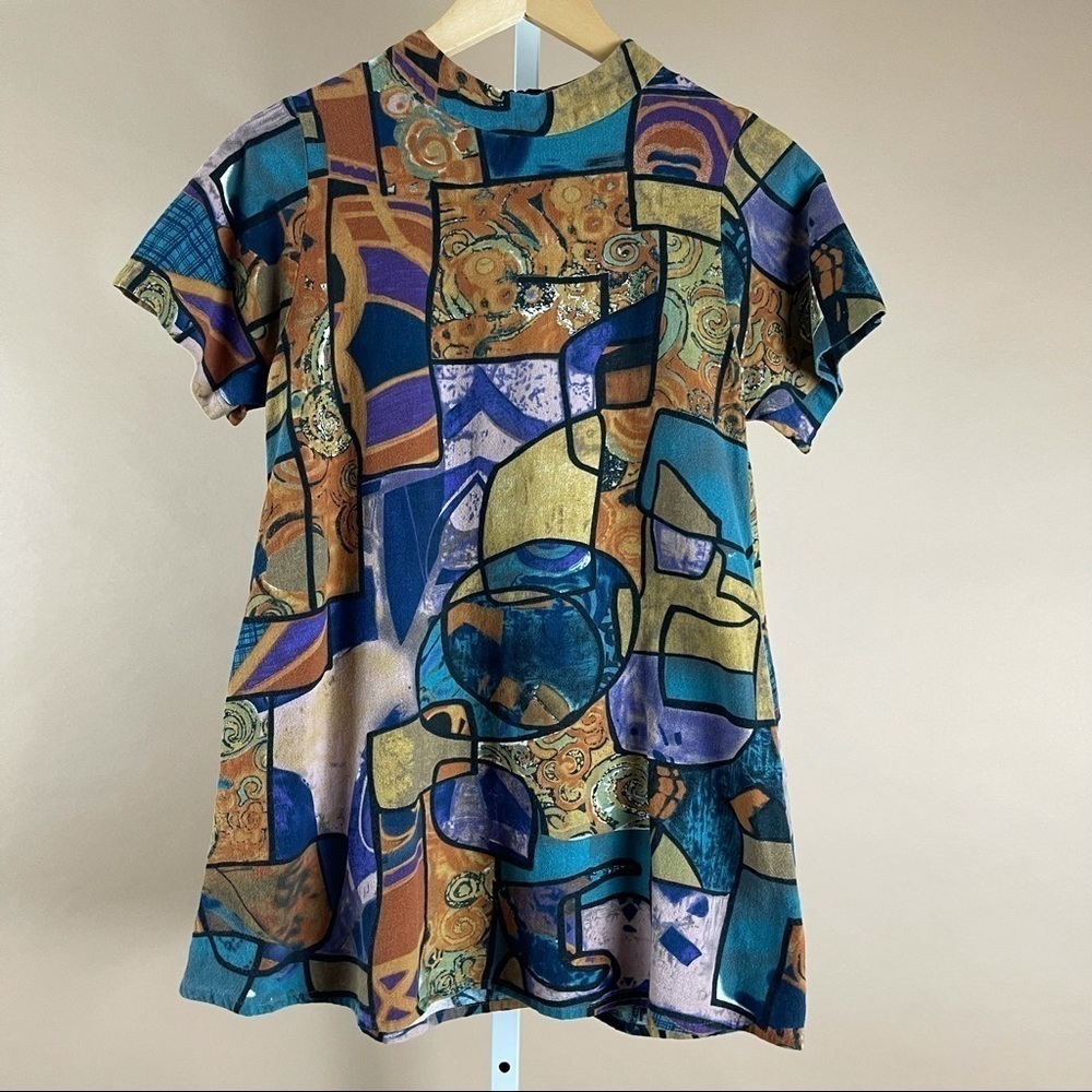Vintage Abstract Size Medium Artsy Boho High Mock Neck Funky Tunic Top